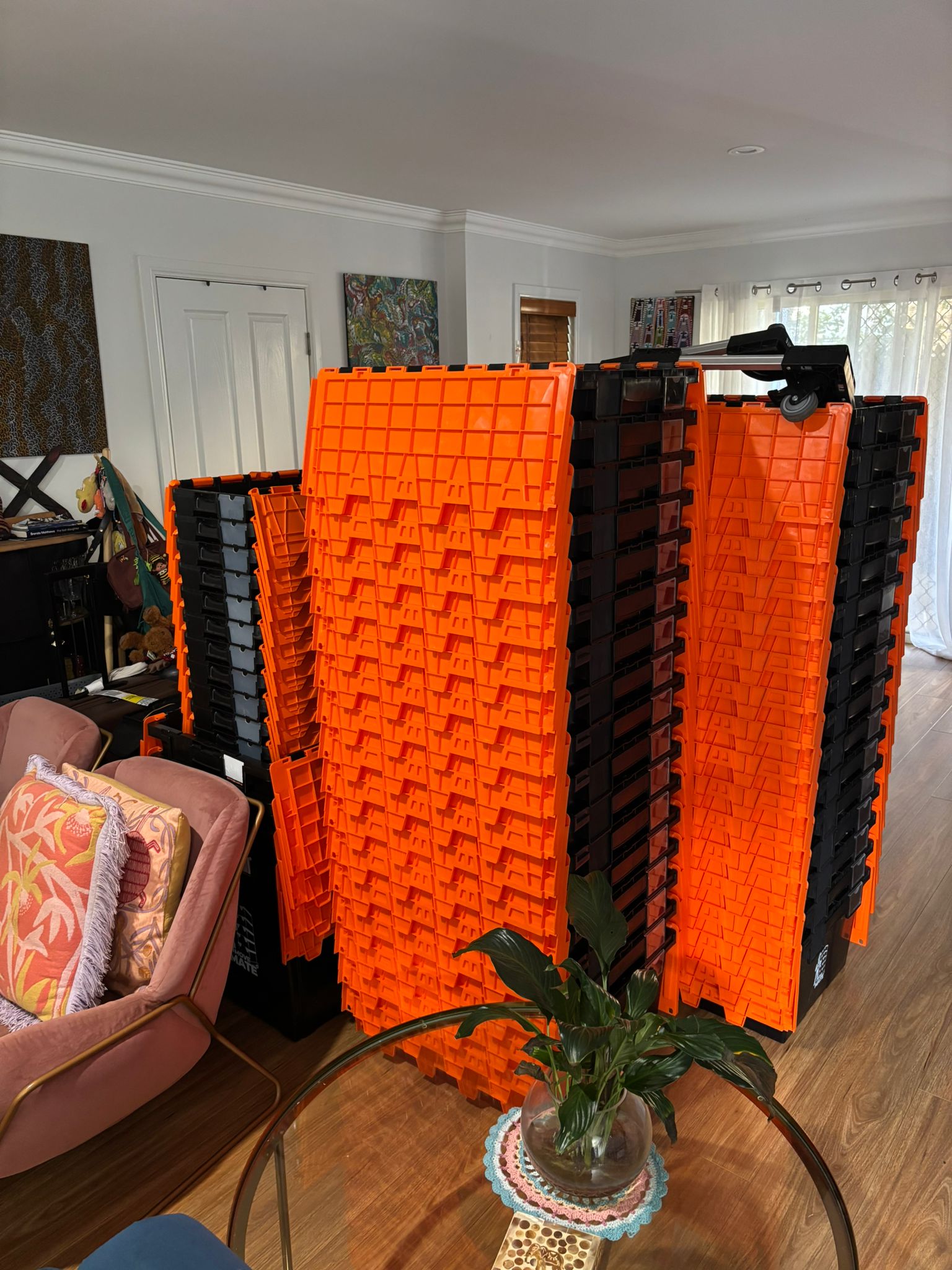 Heavy duty moving boxes in a living room